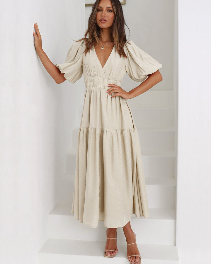 Women's V-Neck Puff Sleeve Midi Dress with Smocked Waist – Zalumo