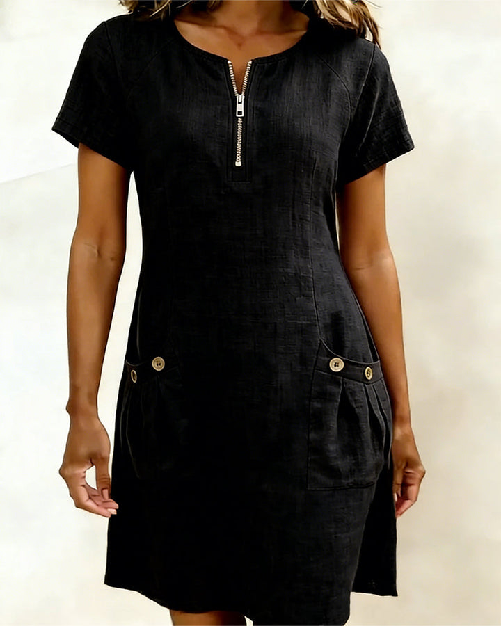 Women's Shift Dress Short Sleeve Zip Neck with Pockets – Zalumo