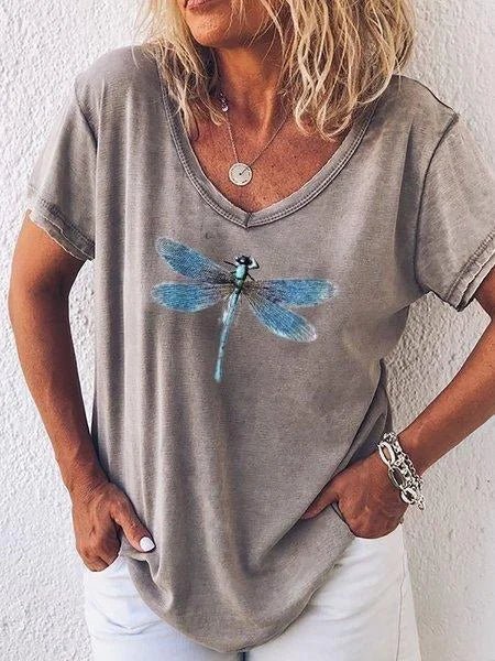 Women's Dragonfly Print V-Neck Short Sleeve Casual Tee – Zalumo