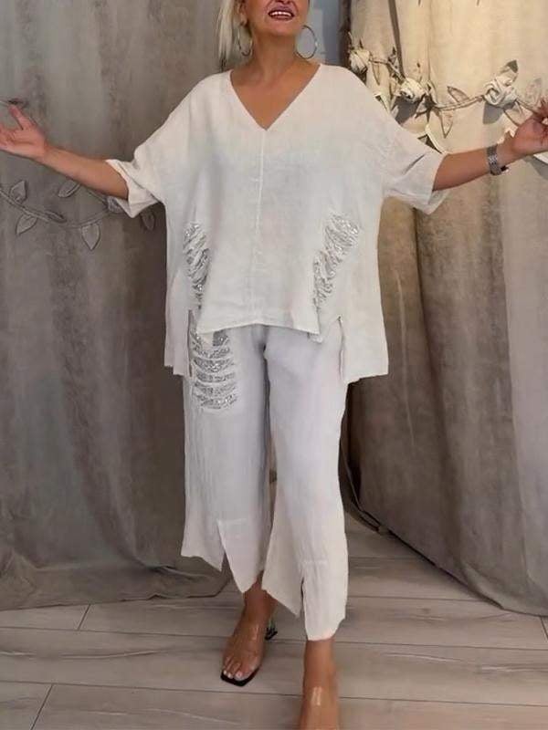 Women's Casual 2 Piece Set V-Neck Top and Cropped Pants – Zalumo