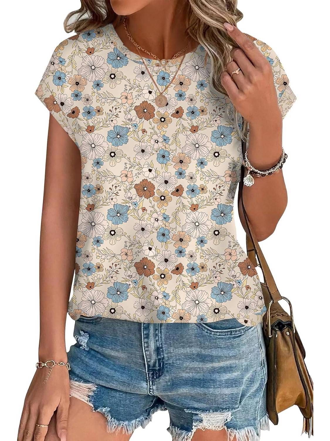 Women's Leaf Print Crew Neck Cap Sleeve Casual Top – Zalumo