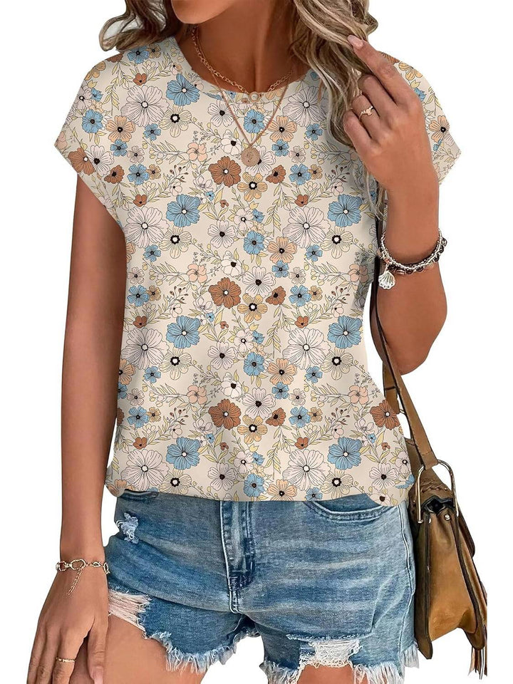 Women's Leaf Print Crew Neck Cap Sleeve Casual Top – Zalumo