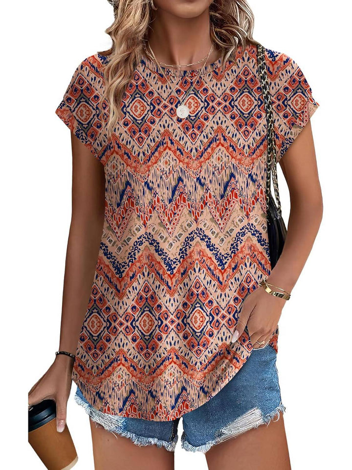 Women's Leaf Print Crew Neck Cap Sleeve Casual Top – Zalumo