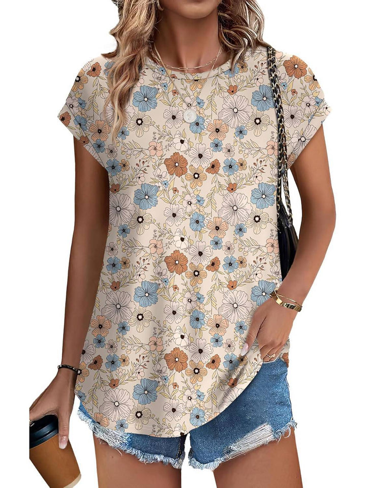 Women's Leaf Print Crew Neck Cap Sleeve Casual Top – Zalumo