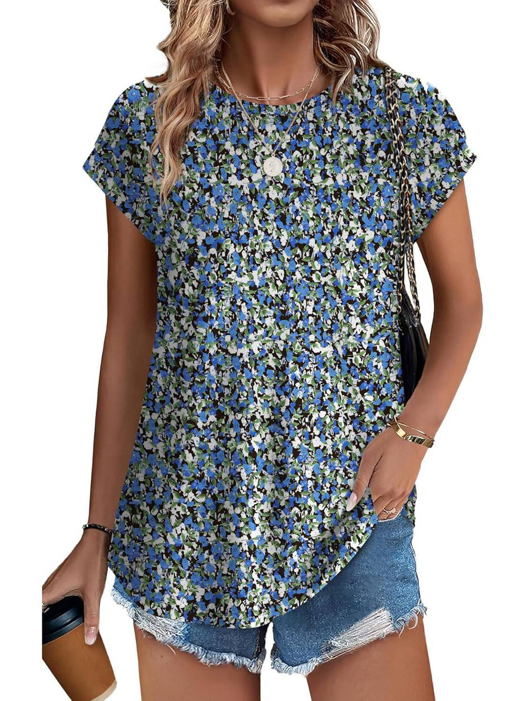 Women's Leaf Print Crew Neck Cap Sleeve Casual Top – Zalumo