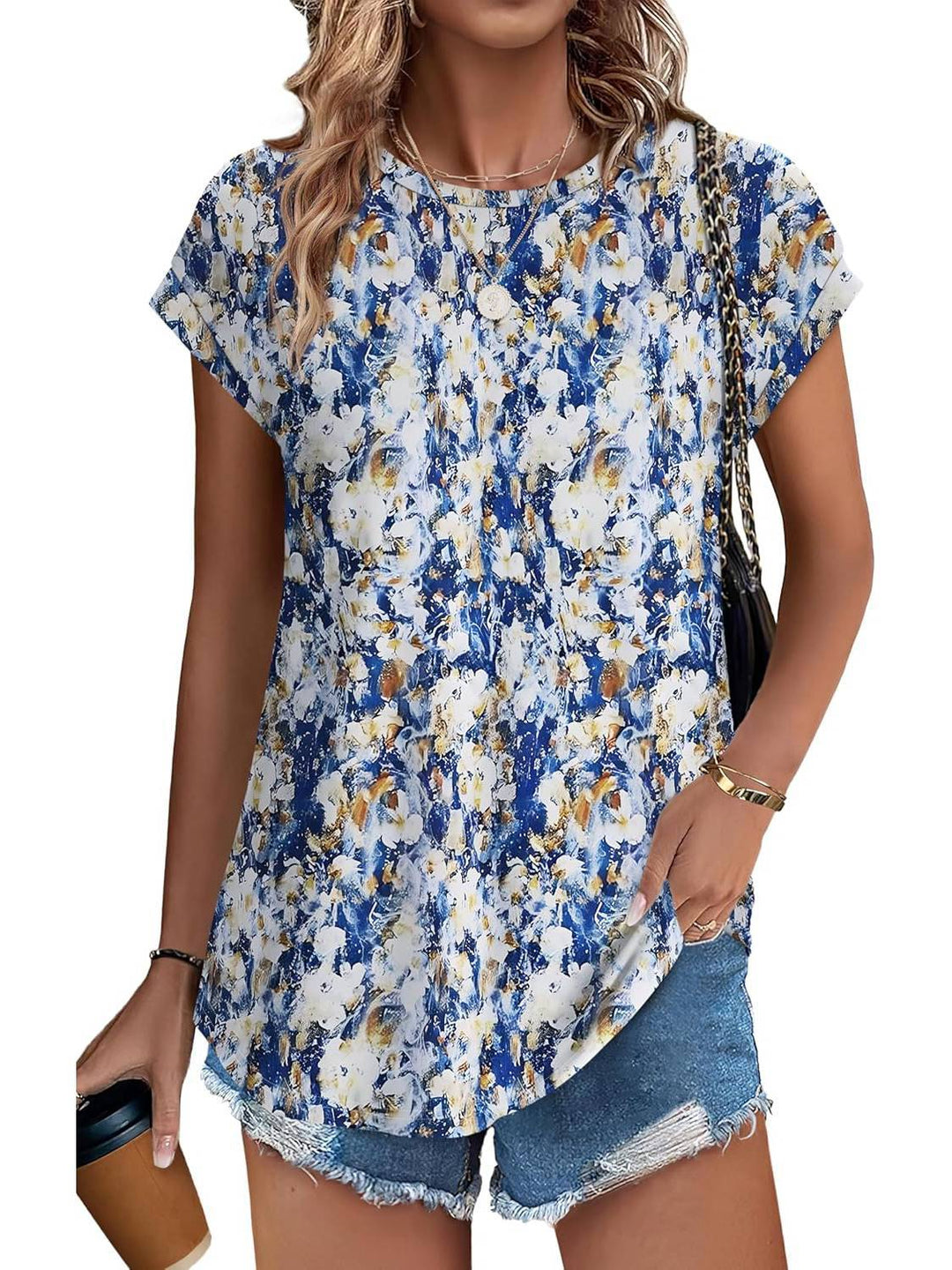 Women's Leaf Print Crew Neck Cap Sleeve Casual Top – Zalumo