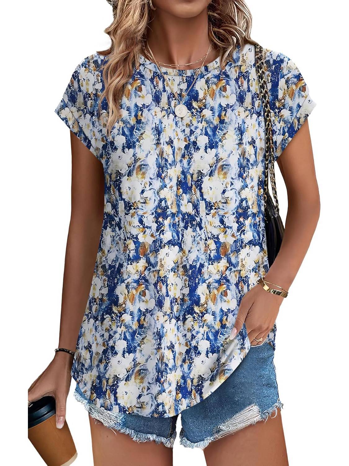 Women's Leaf Print Crew Neck Cap Sleeve Casual Top – Zalumo