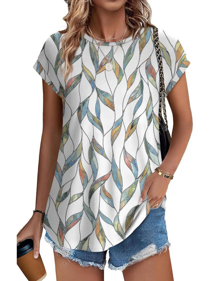 Women's Leaf Print Crew Neck Cap Sleeve Casual Top – Zalumo