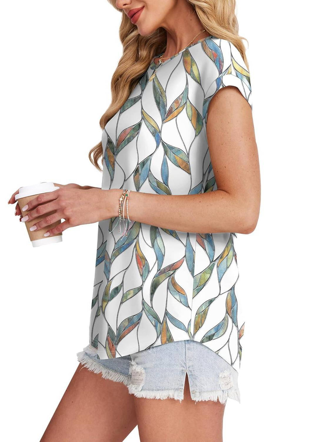 Women's Leaf Print Crew Neck Cap Sleeve Casual Top – Zalumo