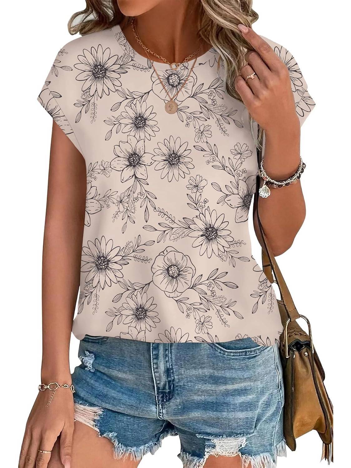 Women's Leaf Print Crew Neck Cap Sleeve Casual Top – Zalumo