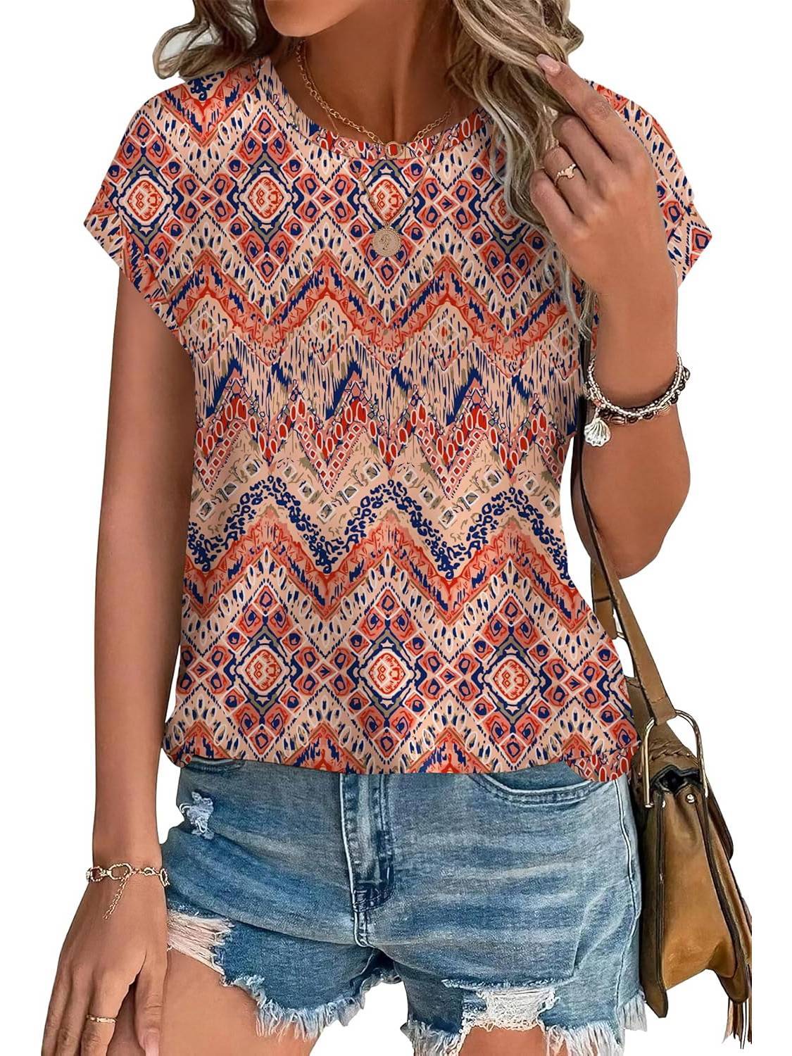 Women's Leaf Print Crew Neck Cap Sleeve Casual Top – Zalumo