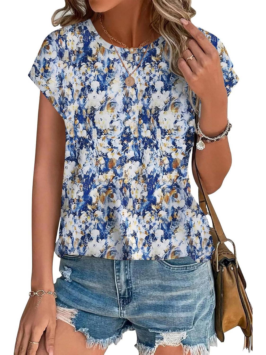 Women's Leaf Print Crew Neck Cap Sleeve Casual Top – Zalumo