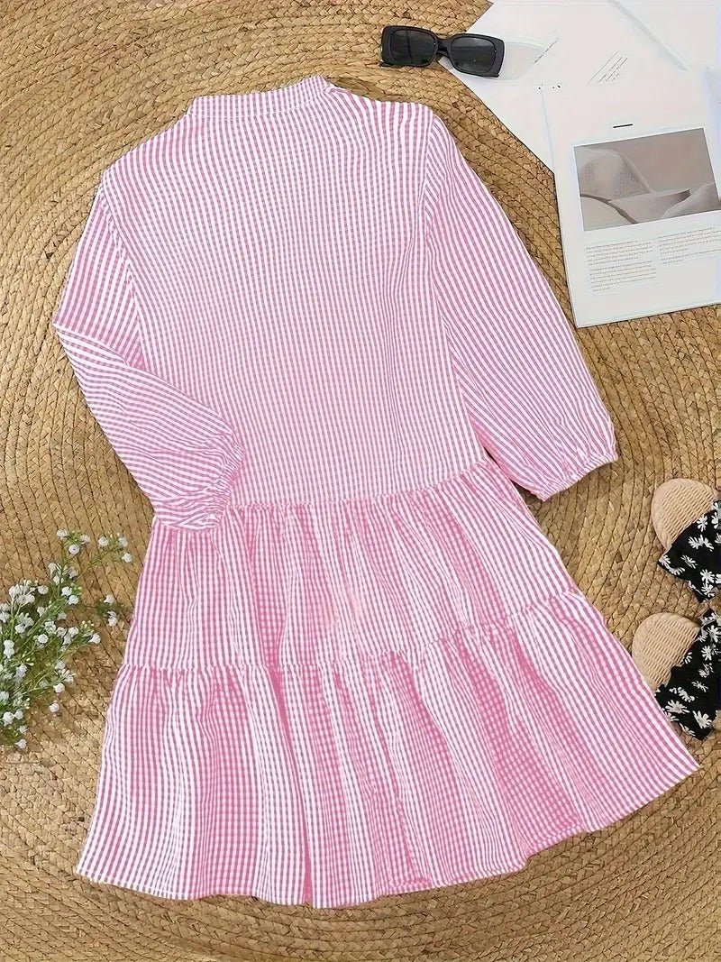 Women's Gingham Print Button-Down Mini Dress 3/4 Sleeve – Zalumo