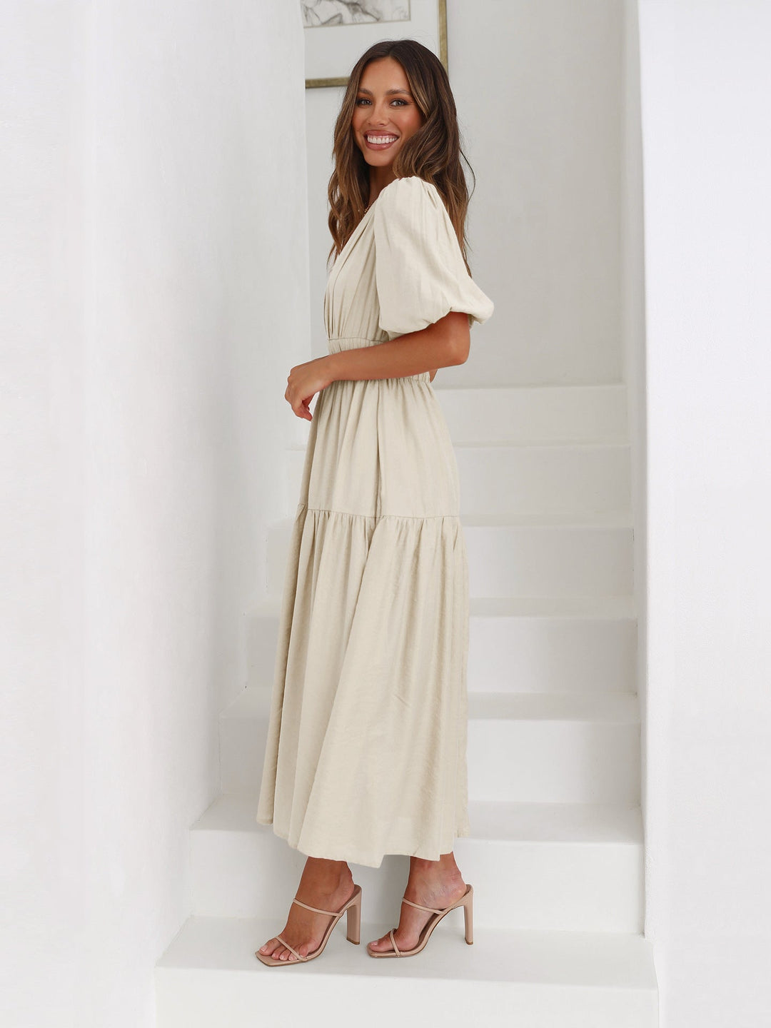 Women's V-Neck Puff Sleeve Midi Dress with Smocked Waist – Zalumo
