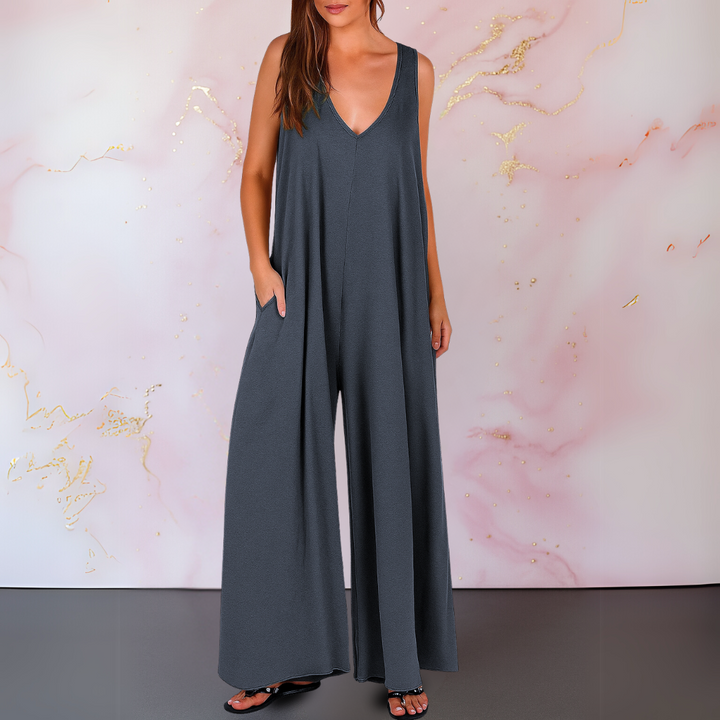 Women's V-Neck Sleeveless Wide Leg Jumpsuit with Pockets – Zalumo