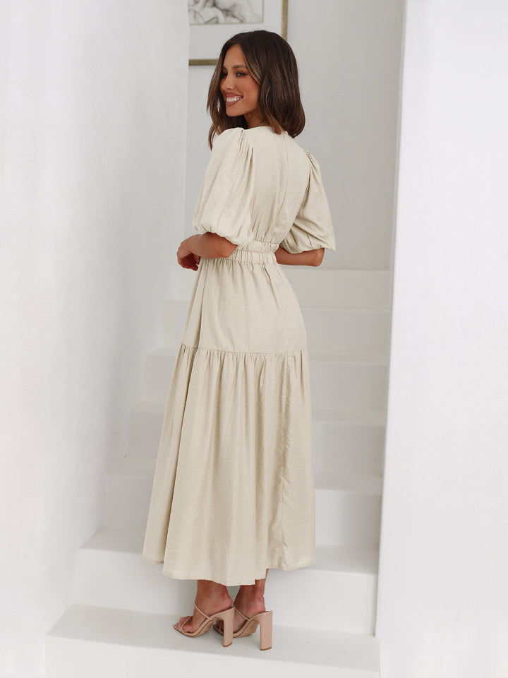 Women's V-Neck Puff Sleeve Midi Dress with Smocked Waist – Zalumo