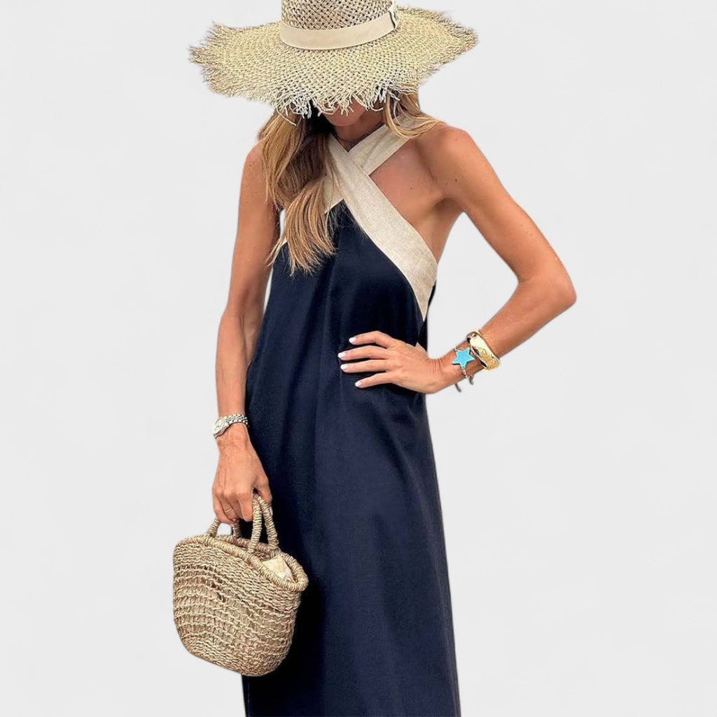 Elegant Cross-Neck Maxi Dress – Zalumo