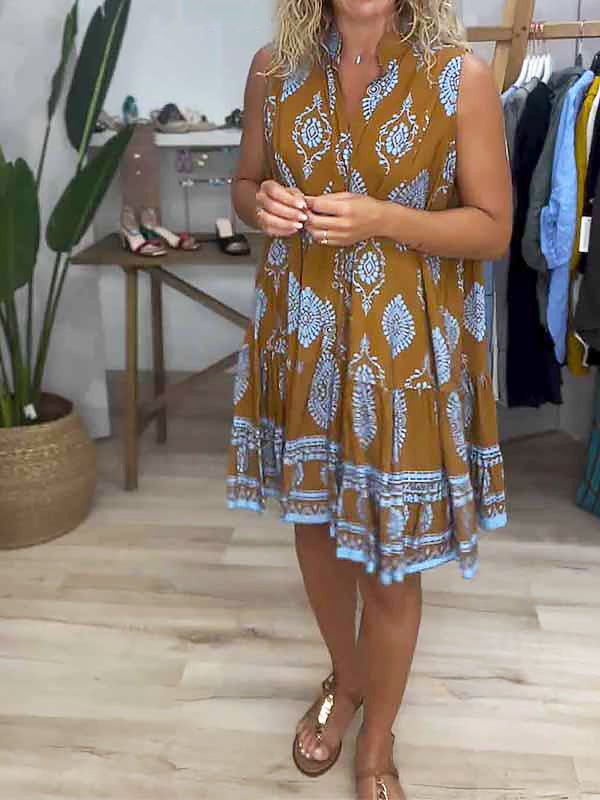 Women's Boho Print V-Neck Sleeveless Tiered Mini Dress – Zalumo