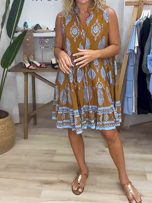 Women's Boho Print V-Neck Sleeveless Tiered Mini Dress – Zalumo