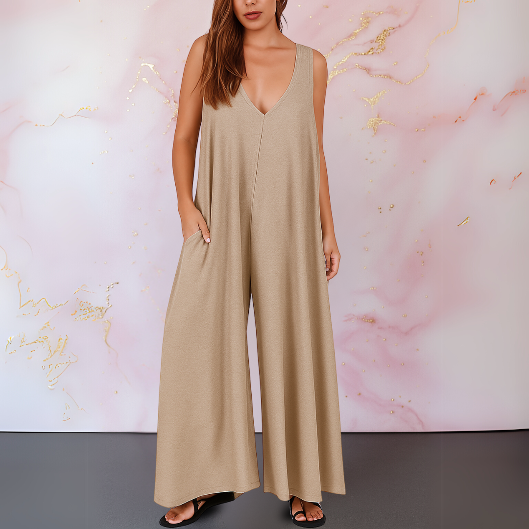 Women's V-Neck Sleeveless Wide Leg Jumpsuit with Pockets – Zalumo