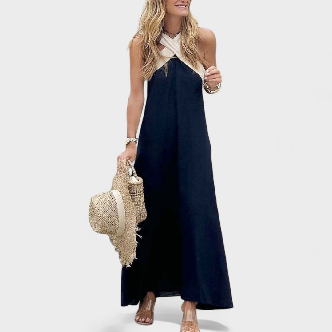 Elegant Cross-Neck Maxi Dress – Zalumo