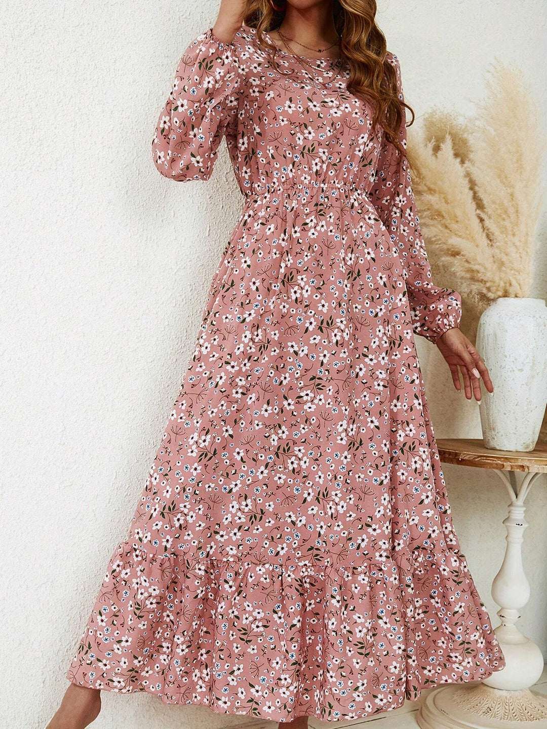 Women's Floral Print Bishop Sleeve Smocked Waist Maxi Dress – Zalumo
