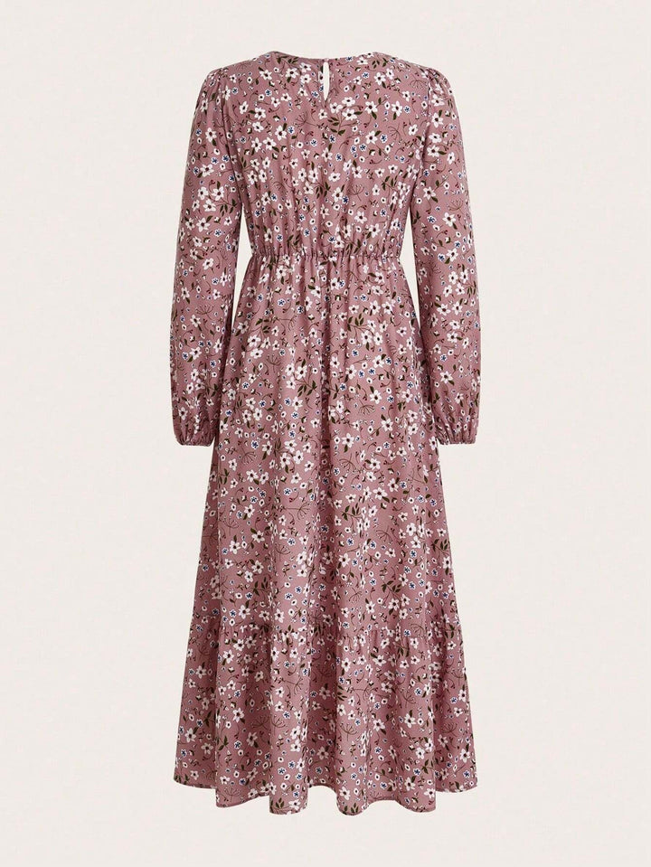 Women's Floral Print Bishop Sleeve Smocked Waist Maxi Dress – Zalumo