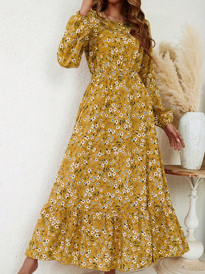 Women's Floral Print Bishop Sleeve Smocked Waist Maxi Dress – Zalumo