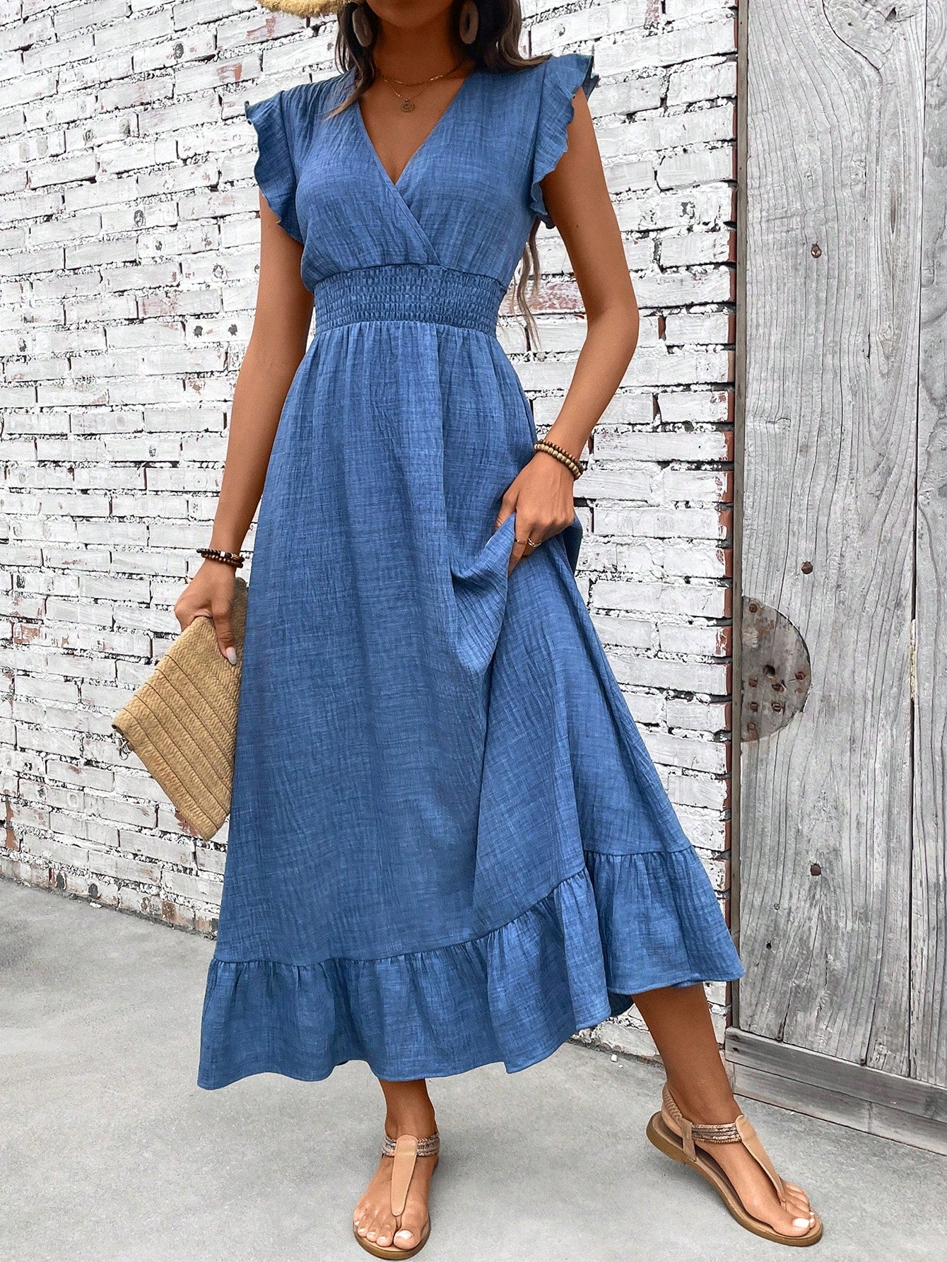 Women's V-Neck Smocked Waist Ruffle Hem Maxi Dress – Zalumo