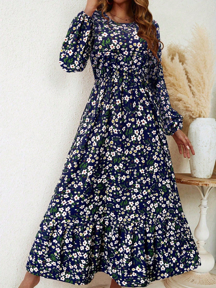 Women's Floral Print Bishop Sleeve Smocked Waist Maxi Dress – Zalumo