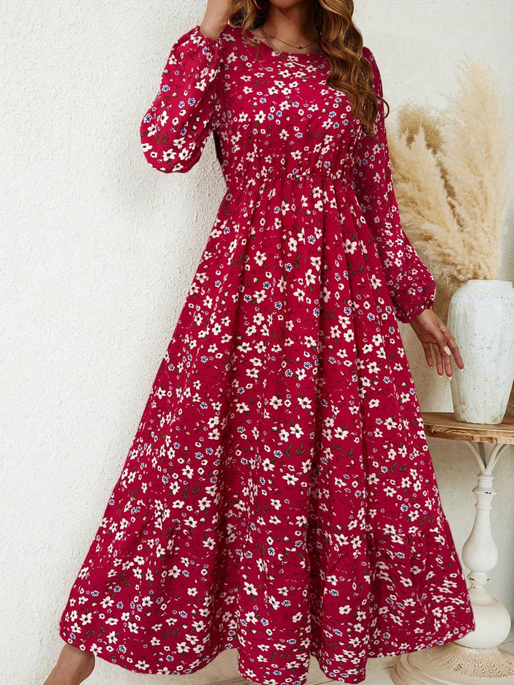 Women's Floral Print Bishop Sleeve Smocked Waist Maxi Dress – Zalumo