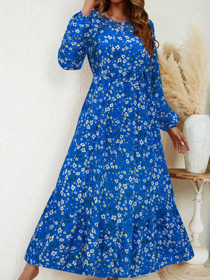 Women's Floral Print Bishop Sleeve Smocked Waist Maxi Dress – Zalumo