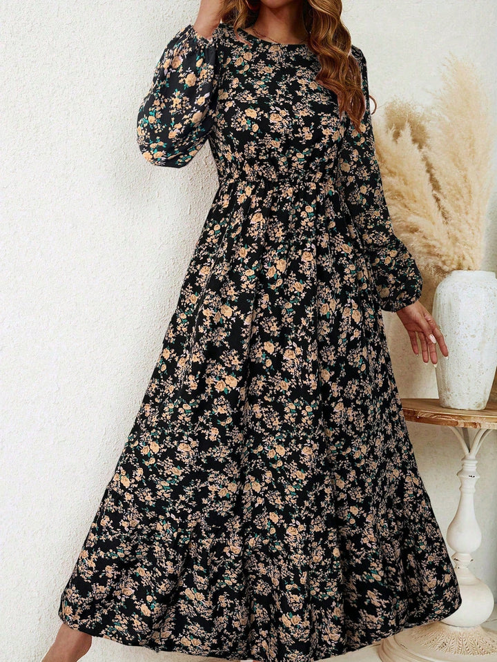 Women's Floral Print Bishop Sleeve Smocked Waist Maxi Dress – Zalumo