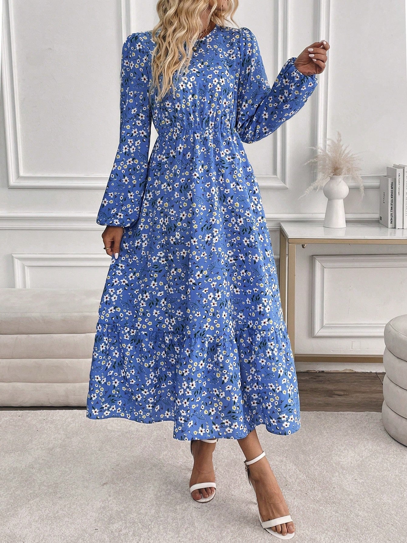 Women's Floral Print Bishop Sleeve Smocked Waist Maxi Dress – Zalumo