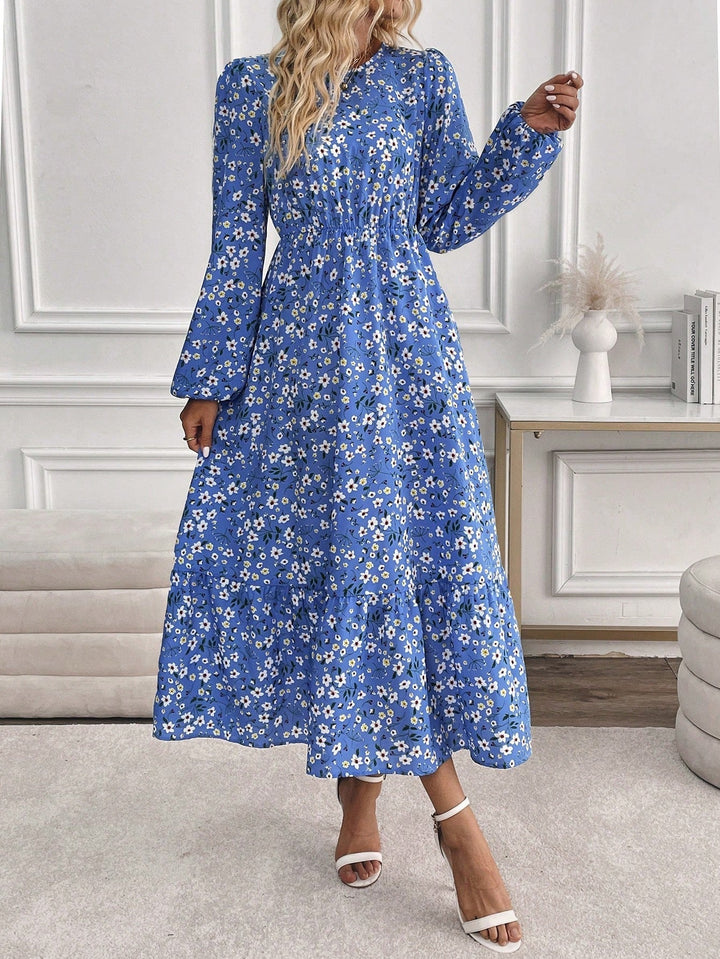 Women's Floral Print Bishop Sleeve Smocked Waist Maxi Dress – Zalumo