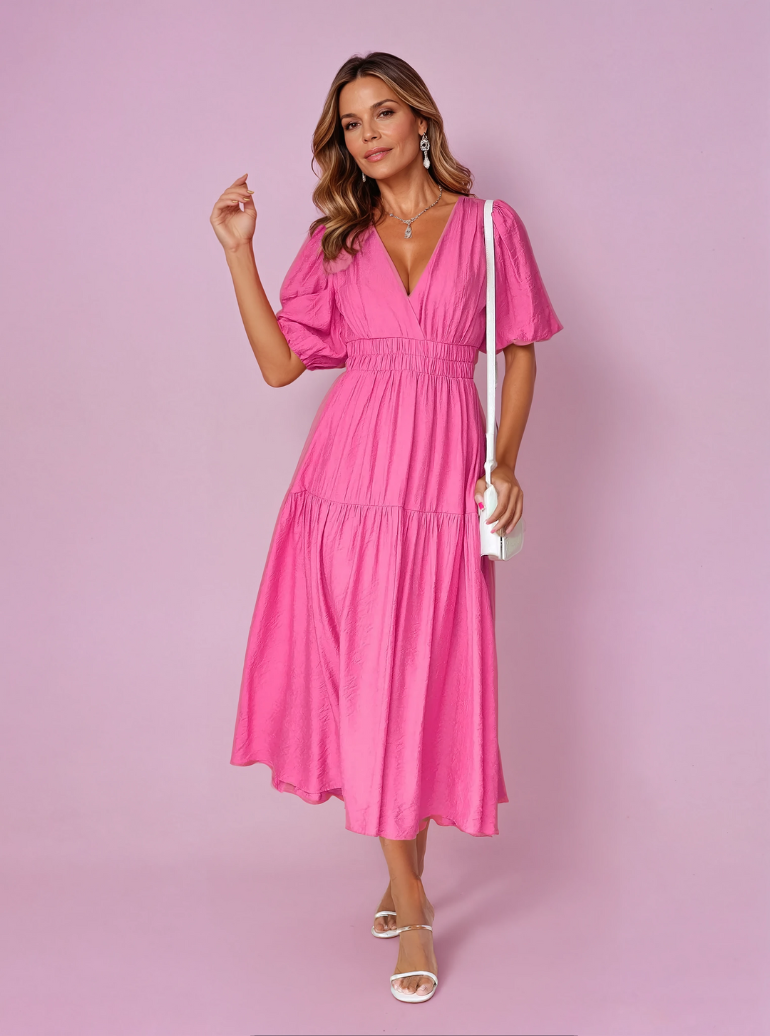 Women's V-Neck Puff Sleeve Midi Dress with Smocked Waist – Zalumo
