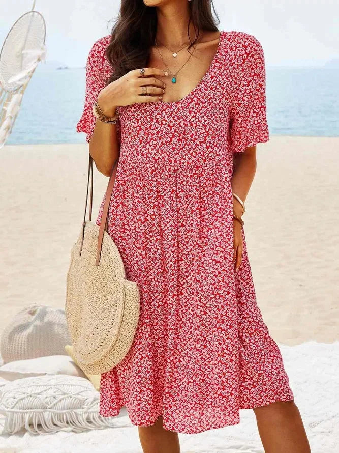 Women's Ditsy Floral V-Neck Short Sleeve Smock Dress – Zalumo