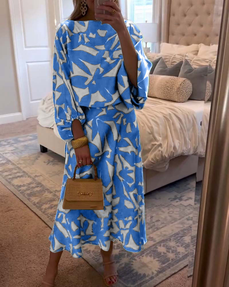 Two-Piece Printed Set with Lantern Sleeves – Zalumo