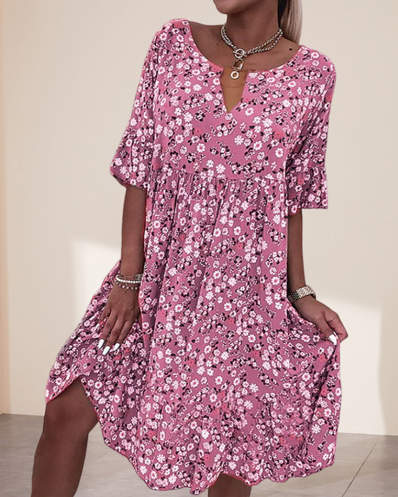 Women's Floral Print V-Neck Short Sleeve Midi Dress – Zalumo