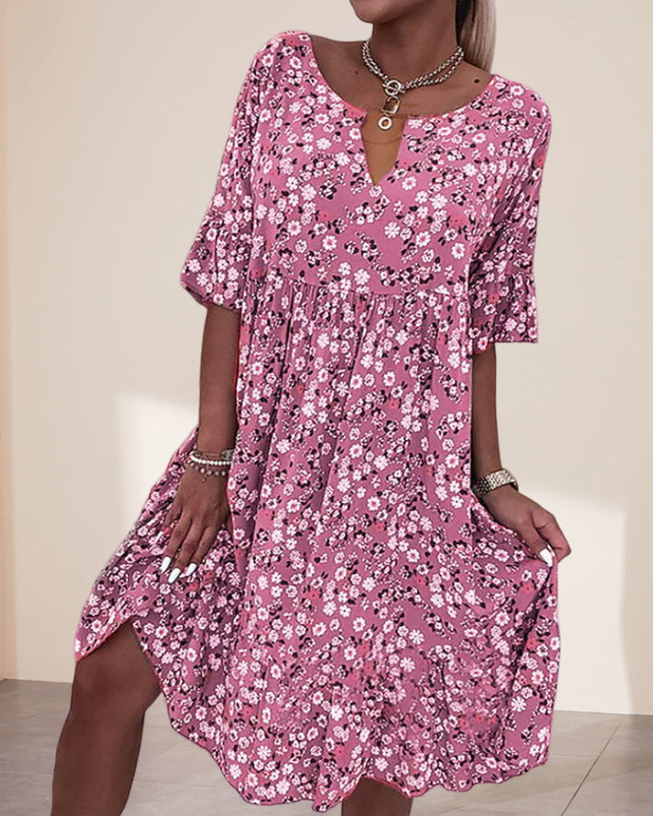 Women's Floral Print V-Neck Short Sleeve Midi Dress – Zalumo