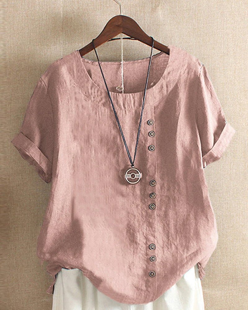 Women's Button Front Crew Neck Short Sleeve Casual Top – Zalumo