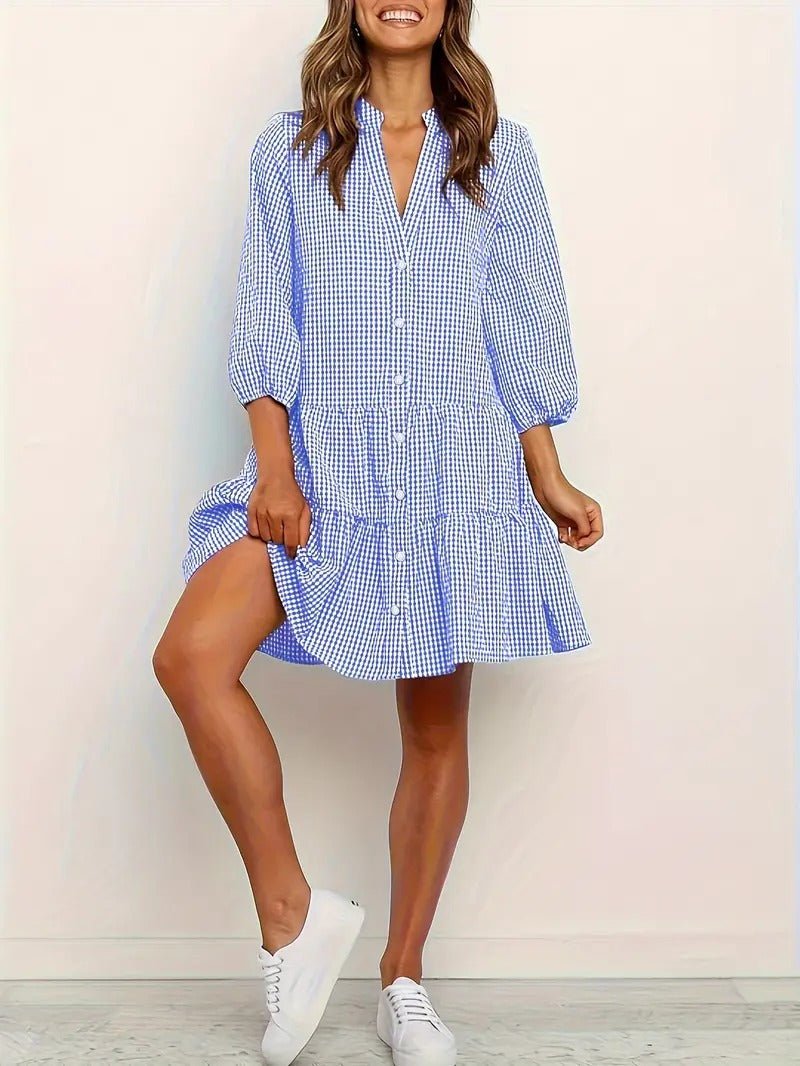 Women's Gingham Print Button-Down Mini Dress 3/4 Sleeve – Zalumo