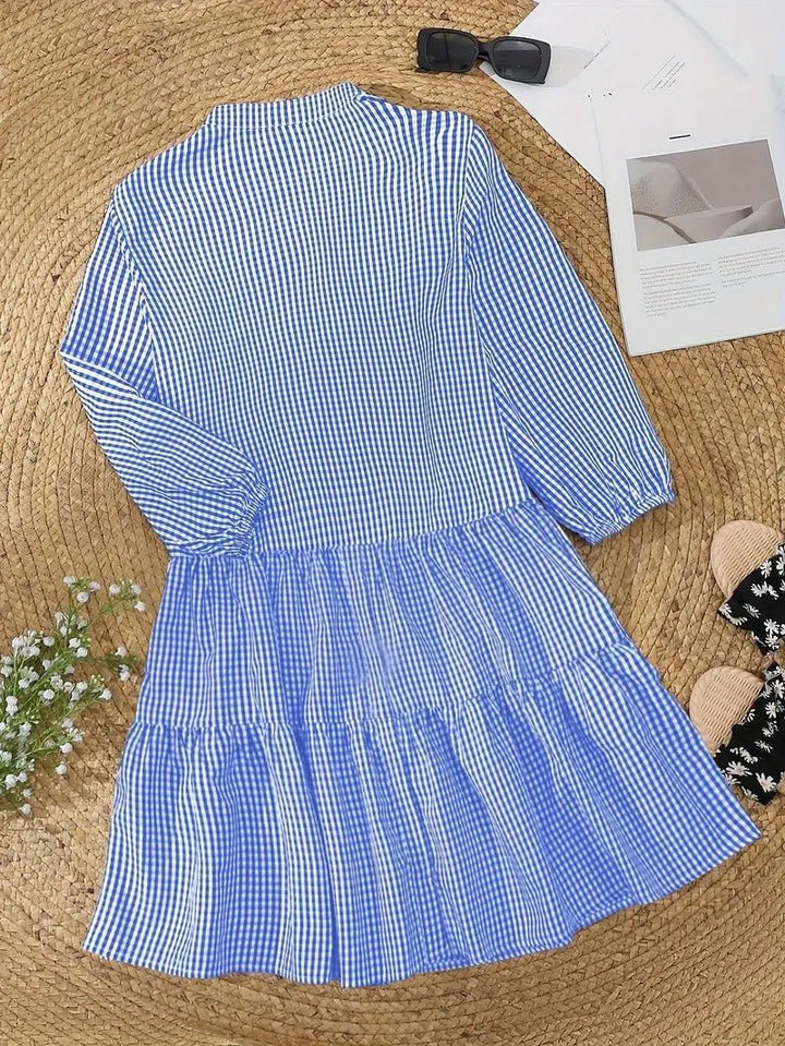 Women's Gingham Print Button-Down Mini Dress 3/4 Sleeve – Zalumo