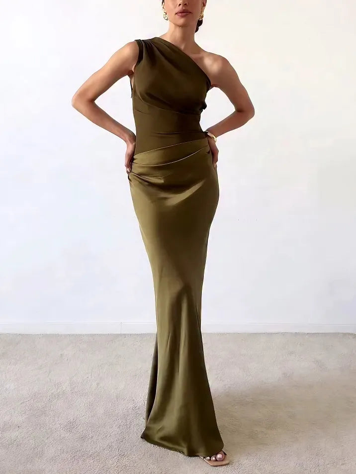 Elegant One Shoulder Neck Pleated Party Maxi Dress – Zalumo