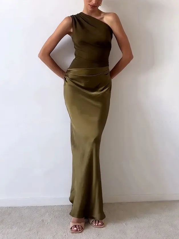Elegant One Shoulder Neck Pleated Party Maxi Dress – Zalumo