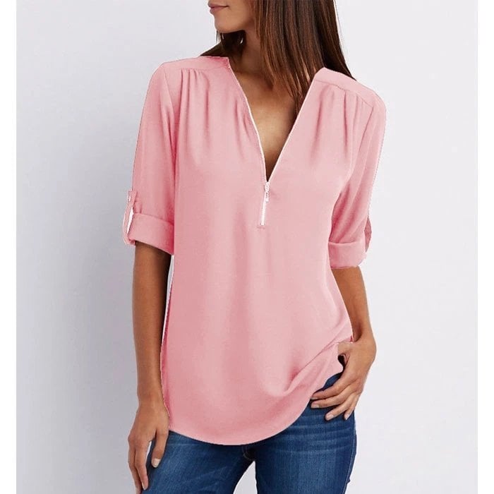 Women's Zip-Up V-Neck Half Sleeve Casual Blouse Top – Zalumo