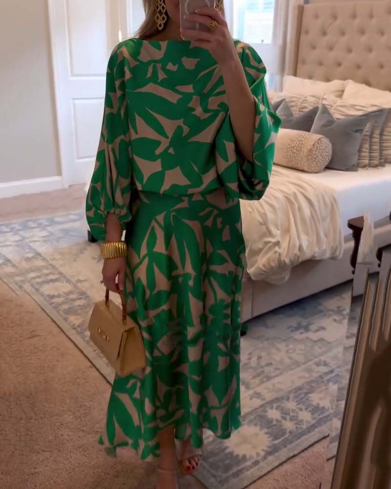 Two-Piece Printed Set with Lantern Sleeves – Zalumo