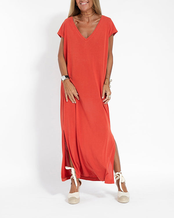 Women's V-Neck Short Sleeve Side Slit Maxi Dress – Zalumo