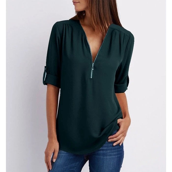 Women's Zip-Up V-Neck Half Sleeve Casual Blouse Top – Zalumo