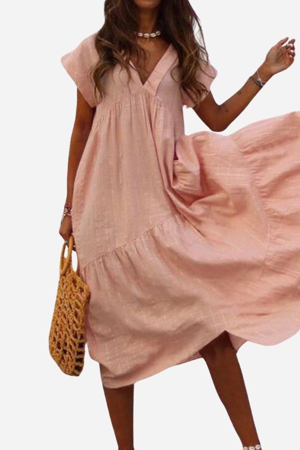 Women's V-Neck Tiered Midi Dress with Flutter Sleeves – Zalumo